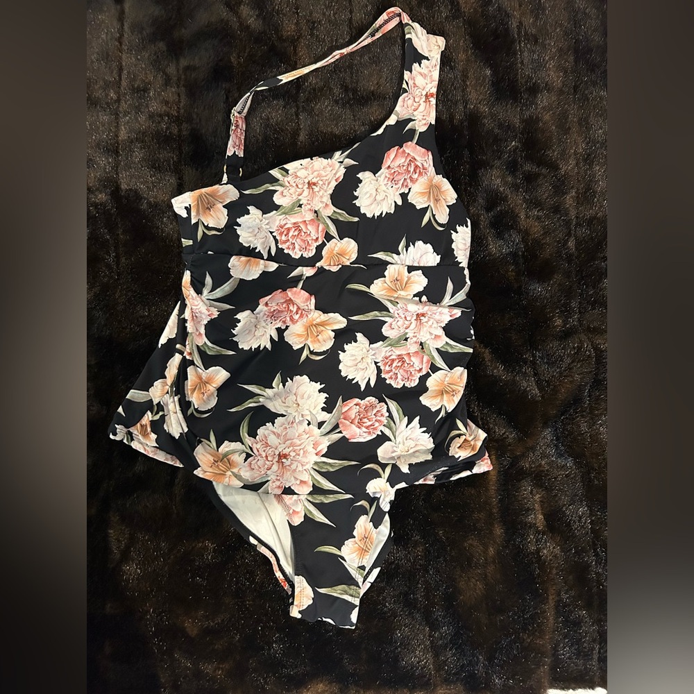Alex Marie of Hollywood One-Shoulder Floral One-Piece Swimsuit Black Pink Sz 10